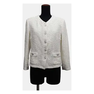 Chanel White Cotton/Nylon/Rayon No-Collar Tweed Jacket Women Size