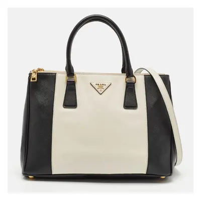 Prada Black/White Saffiano Lux Leather Medium Double Zip Tote