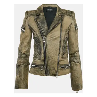 Balmain Beige Leather Zip Up Jacket