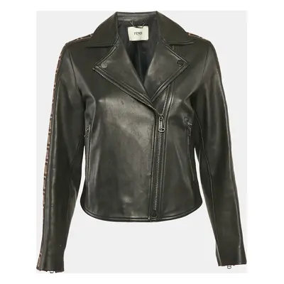 Fendi Black Zucca Side Tape Leather Zip-Up Jacket