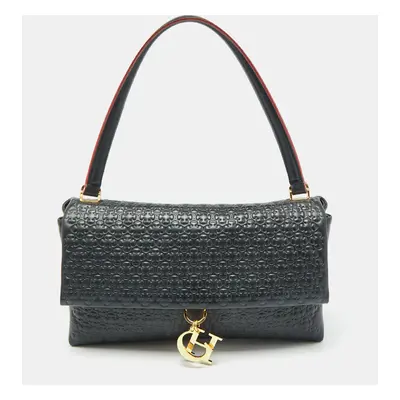 Carolina Herrera Black Embossed Leather Camelot Top Handle Bag