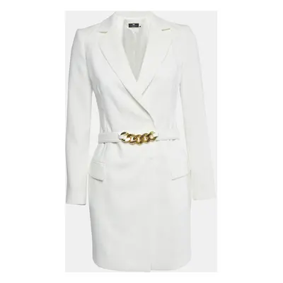 Elisabetta Franchi White Crepe Double Breasted Belt Detail Blazer