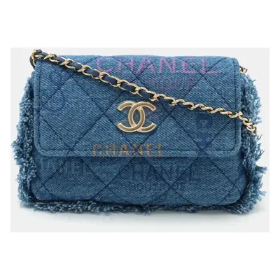 Chanel Blue Denim Logo Printed Quilted Fringe Denim Mood Flap Shoulder Bag