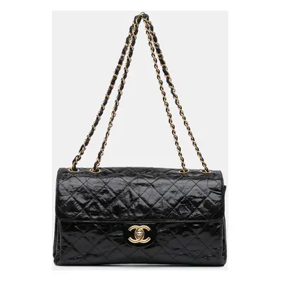 Chanel Black Jumbo Quilted Glazed Calfskin Clams Pocket Flap