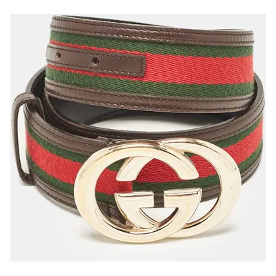 Gucci Brown Leather and Web Canvas Interlocking G Buckle Belt