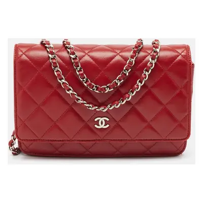 Chanel Red Quilted Leather CC Wallet On Chain