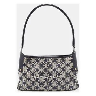 Salvatore Ferragamo Navy Blue Gancini Print Fabric and Leather Shoulder Bag