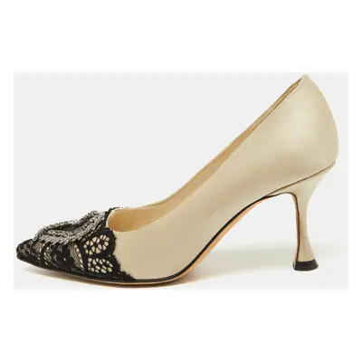 Manolo Blahnik Pearl White/Black Satin and Lace Gerontiushi Pumps Size