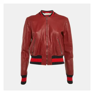 Gucci Burgundy Dragonfly Embellished Leather Zip-Up Bomber Jacket