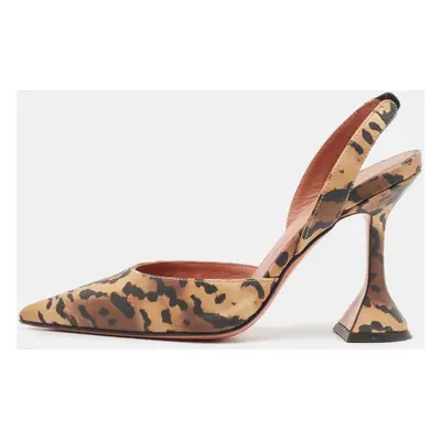 Amina Muaddi Brown Leopard Print Satin Holli Slingback Pumps Size