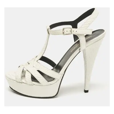 Saint Laurent White Python Embossed Leather Platform T Strap Sandals Size