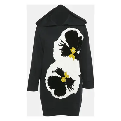 Valentino Black Velvet Pansy Applique Cotton Oversized Hoodie