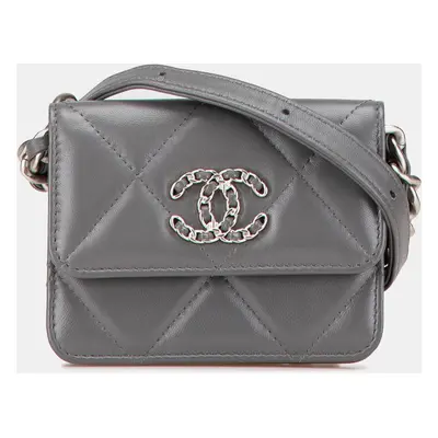 Chanel Grey Lambskin Flap Coin Purse With Chain