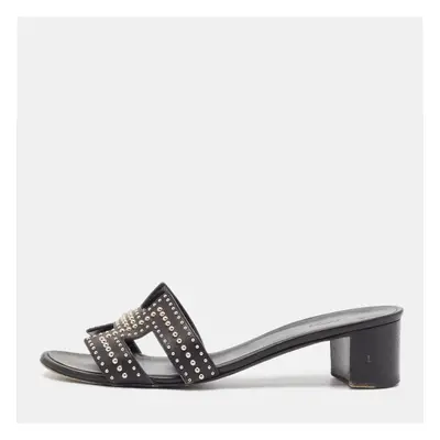 Hermes Black Leather Studded Oasis Slide Sandals Size