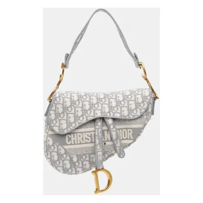 Dior Grey Oblique Embroidered Canvas Saddle Bag