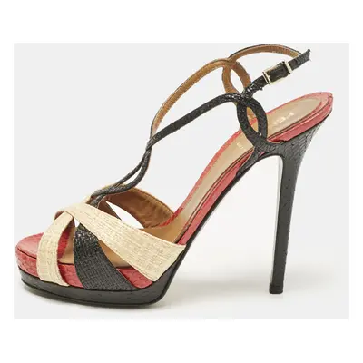 Fendi Tri Color Raffia and Snakeskin Strappy Slingback Platform Sandals Size