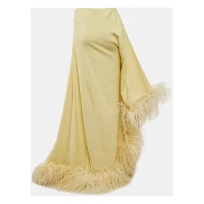 Taller Marmo Pastel Yellow Crepe Feather Trimmed Asymmetric Maxi Dress