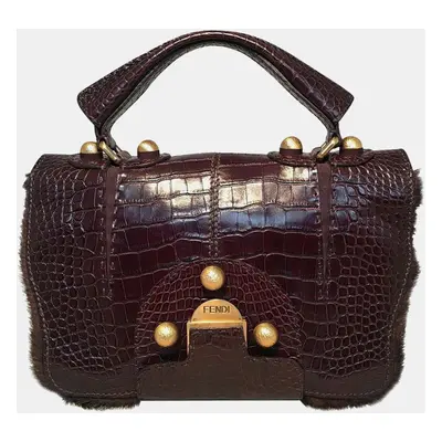 Fendi Brown Alligator And Mink Fur Satchel Handbag