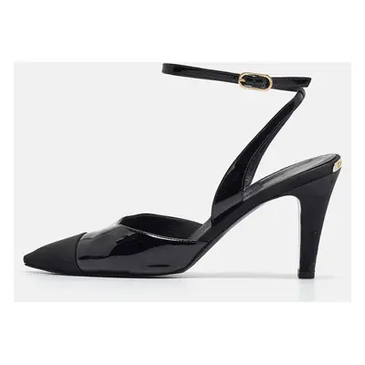 Chanel Black Patent Leather and Canvas Ankle Strap Pumps Size