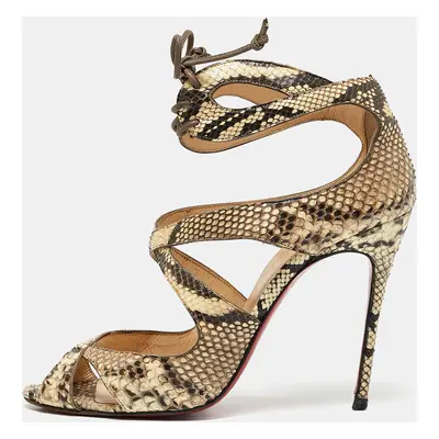 Christian Louboutin Brown/Beige Python Leather Ankle Strap Sandals Size 38.5