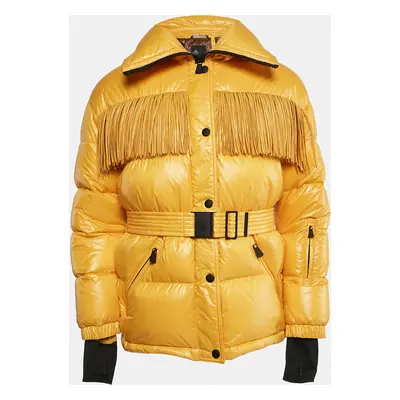 Moncler Yellow Nylon Button Front Fringe Detail Quilted Down Jacket