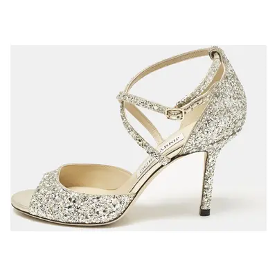 Jimmy Choo Silver Glitter Emsy Ankle Strap Sandals Size 36.5