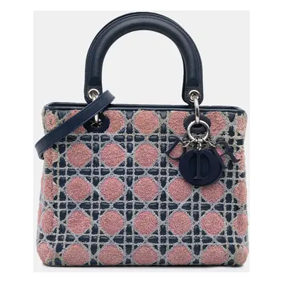 Dior Blue Medium Lambskin And Tweed Cannage Lady Dior Bag