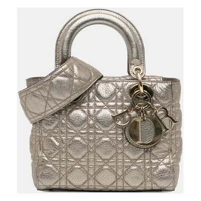 Dior Silver Small Metallic Grained Calfskin Cannage Supple Lady Dior