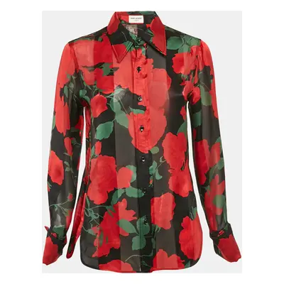 Saint Laurent Paris Black/Red Floral Print Semi-Sheer Silk Shirt