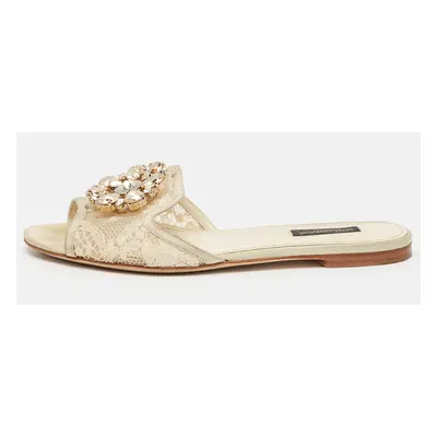 Dolce & Gabbana Light Cream Lace Crystal Bianca Slide Flats Size 37.5