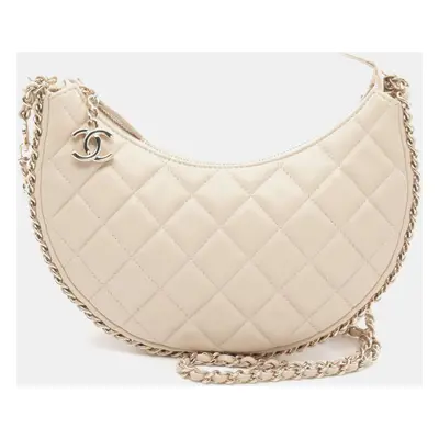 Chanel Beige Lambskin Leather Small Hobo Shoulder Bag