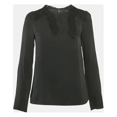 Dolce & Gabbana Black Lace Trim Stretch Silk Long Sleeve Top