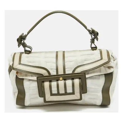 Givenchy White/Olive Green Signature Fabric and Leather Top Handle Bag