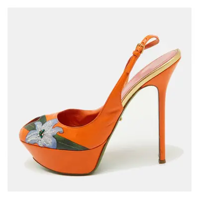 Sergio Rossi Orange Leather Floral Print Peep Toe Platform Slingback Sandals Size