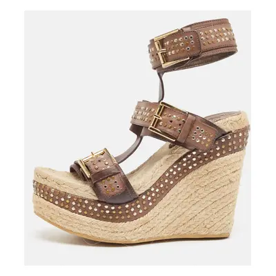 Alexander McQueen Brown/Beige Jute and Leather Wedge Ankle Strap Sandals Size