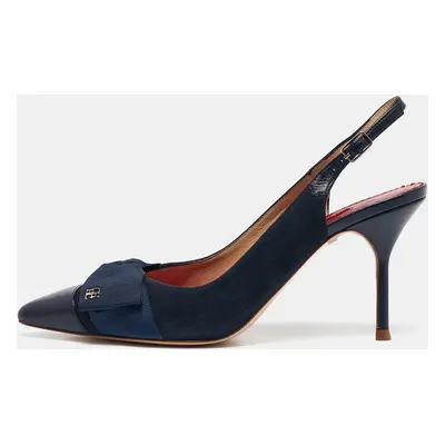 CH Carolina Herrera Navy Blue Leather Bow Detail Pointed Toe Slingback Pumps Size