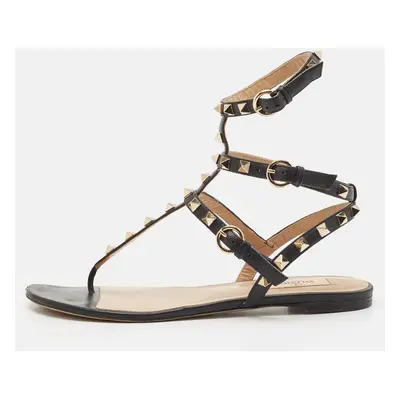 Valentino Black Leather Rockstud Ankle Strap Flat Sandals Size