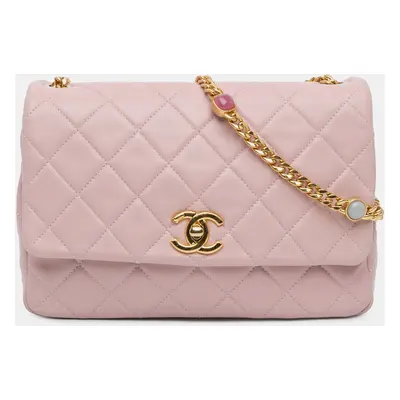 Chanel Pink Quilted Lambskin CC Embellished Chain Flap Bag