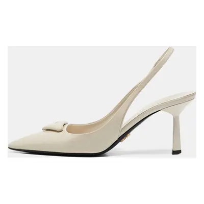 Prada Cream Patent Leather Logo Pointed Toe Slingback Pumps Size