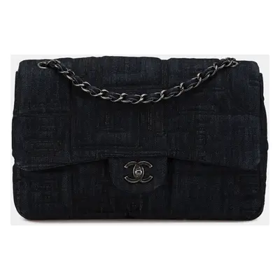 Chanel Blue Denim Jumbo Embroidered Perfume Bottle Single Flap Bag