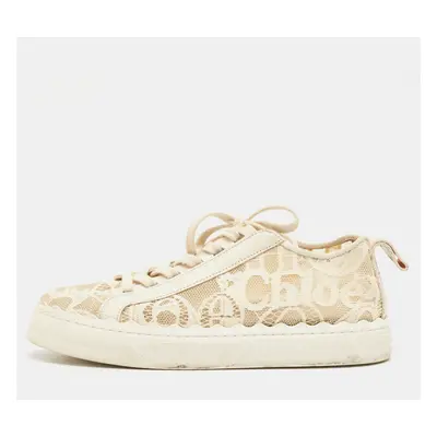 Chloe Cream Lace and Leather Lauren Low Top Sneakers Size