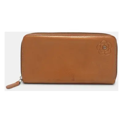 Chanel Brown Leather Camellia Zip Around Wallet