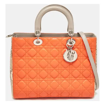 Dior Orange/Beige Quilted Leather and Python Large Lady Dior Tote