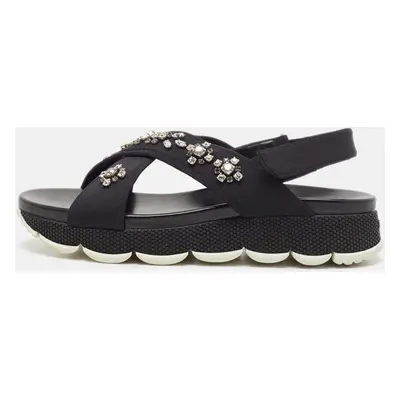 Prada Black Neoprene Crystal Embellished Flat Sandals Size