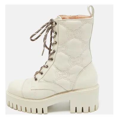 Gucci Cream Leather GG Matelassé Combat Ankle Boots Size