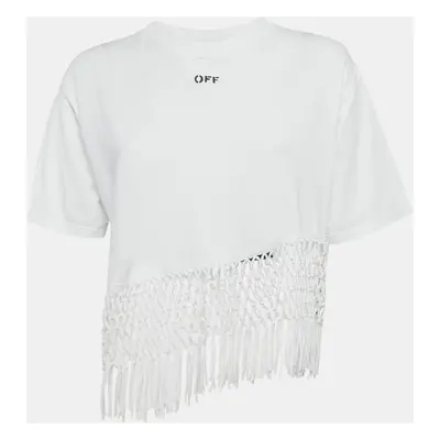 Off-White White Cotton Asymmetric Fishnet Hem T-Shirt