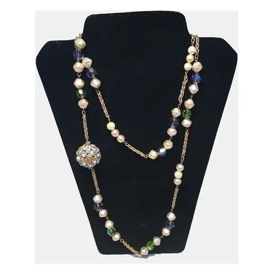 Chanel Vintage Pearl And Green And Purple Beaded Necklace With Crystal Ball