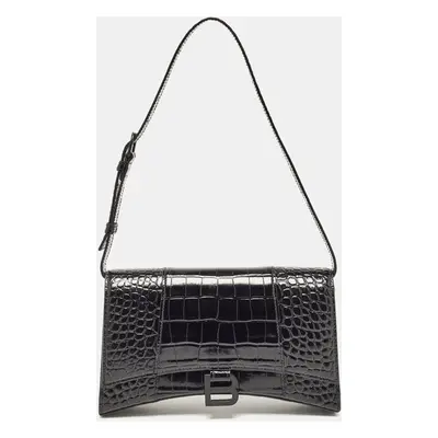 Balenciaga Black Croc Embossed Leather Hourglass Sling Shoulder Bag