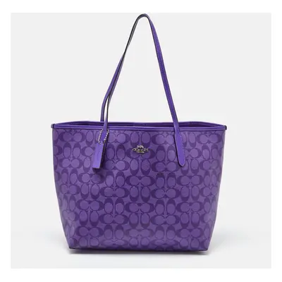 Coach Purple Signature Coated Canvas and Leather Reversible City Tote