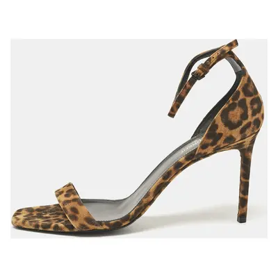 Saint Laurent Brown Leopard Print Suede Ankle Strap Sandals Size